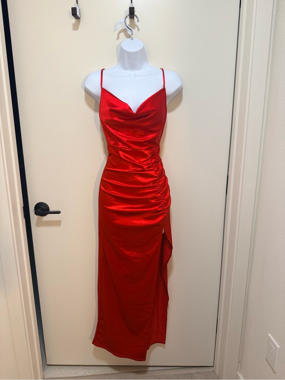 Red Satin Cowl Neck Ruched Midi Dress with Side Slit
